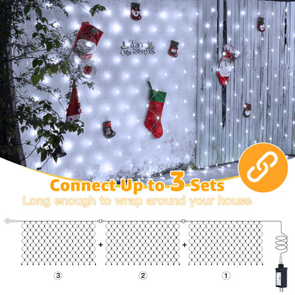 Ollny Net Lights Outdoor Mesh Lights IP67 Waterproof, 210LED 10x7ft Cool White Christmas Net Lights, Connectable Remote 8 Modes Tree Light for Bushes Shrubs Lawn Indoor Decorations
