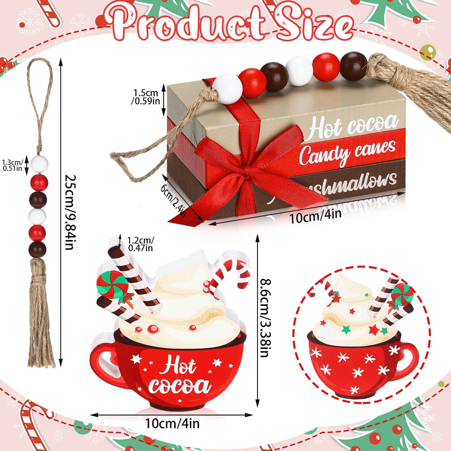 Bucherry 5 Pieces Christmas Farmhouse Tiered Tray Decor Winter Hot Cocoa Wood Decorative Stack Book Decor with Bead Garland for Home(Coffee)
