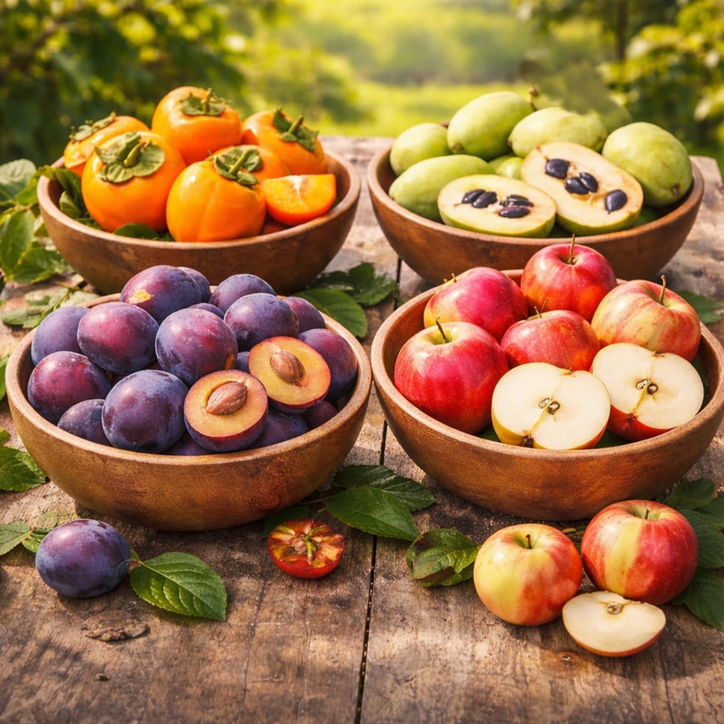 Live Fruit Tree Saplings Bundle (1 Plum, 1 Persimmon, 1 Pawpaw, 1 Apple) – Edible Fruit Tree Bundle – Backyard Orchard Starter Kit – Hardy Outdoor Live Plants – Grow Your Own Fresh Fruit