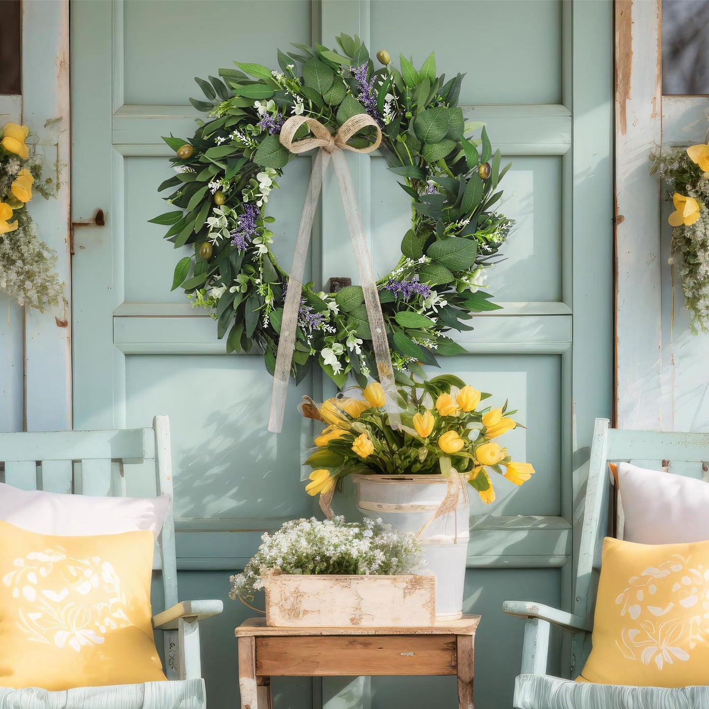 Ovveroche 22Inch Summer Eucalyptus Wreath for Front Door Greenery Wreath Door with Olive Boxwood Leaves Bow for Spring Summer All Season Outdoor Home Decor
