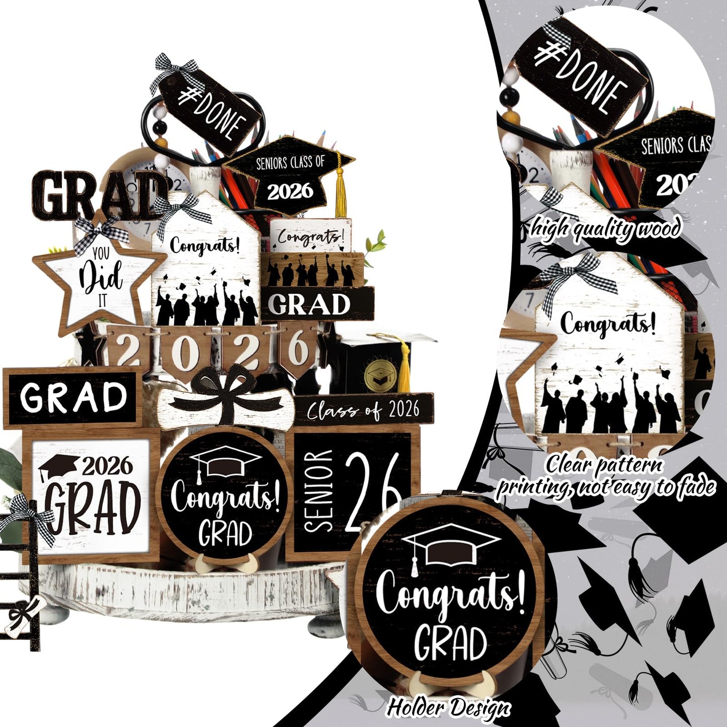 Vercraft 18 Pcs Graduation Tiered Tray Decorations Class of 2026 Tiered Tray Decor Black White Grad Wooden Signs Farmhouse Table Shelf Decoration for Graduation Party Supplies(Black White)