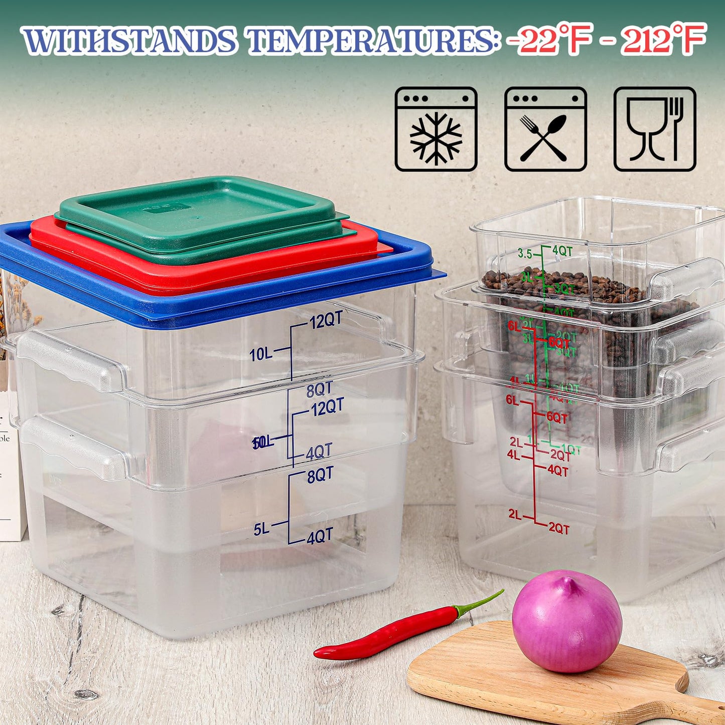 Ziliny 8 Set Square Food Storage Containers with Lid Contains 4 Pcs 6 Qt, 12 Quart and 4 Quart 2 Each, Clear Polycarbonate Commercial Food Storage Container Dough Proofing for Restaurant Home