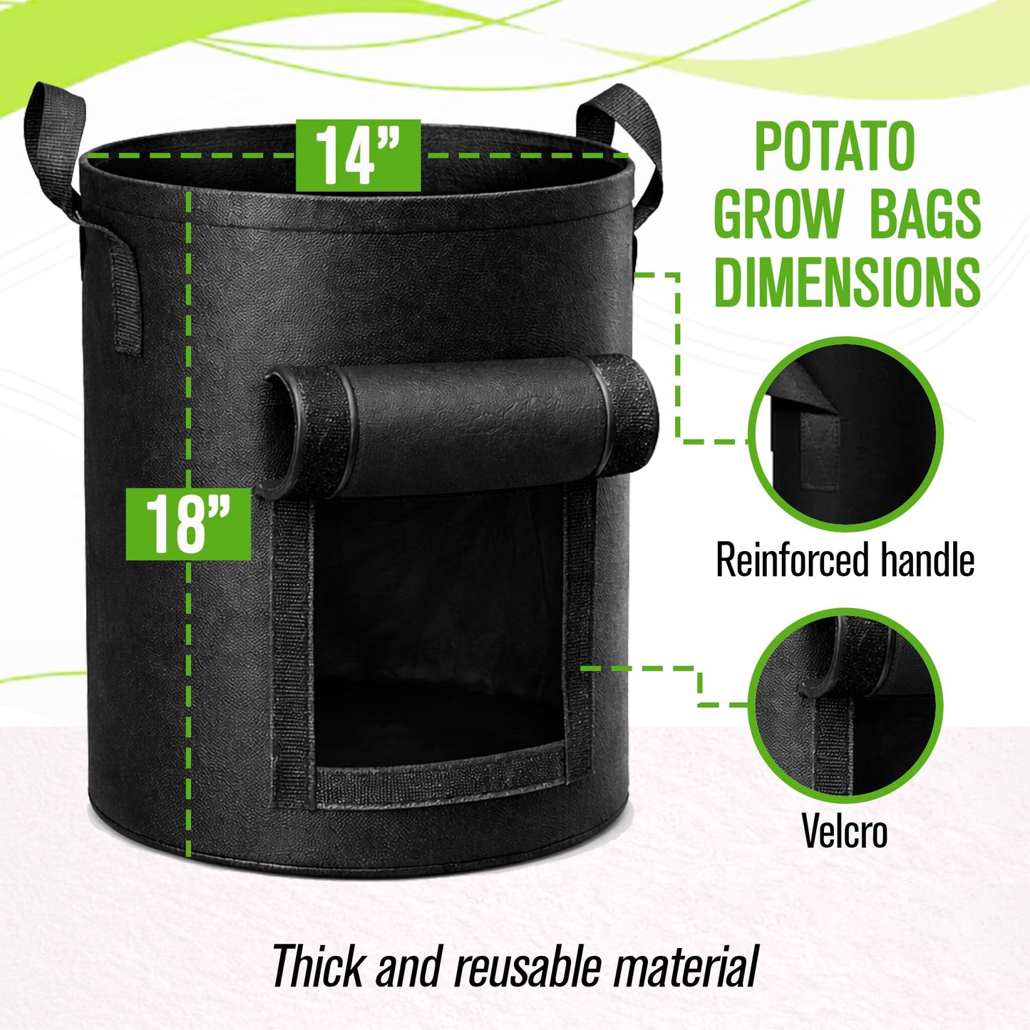SunVara 10 Gallon Grow Bags, 5 Pack - Breathable Fabric Plant Pots with Handles & Harvest Window for Potatoes, Tomatoes, Vegetables