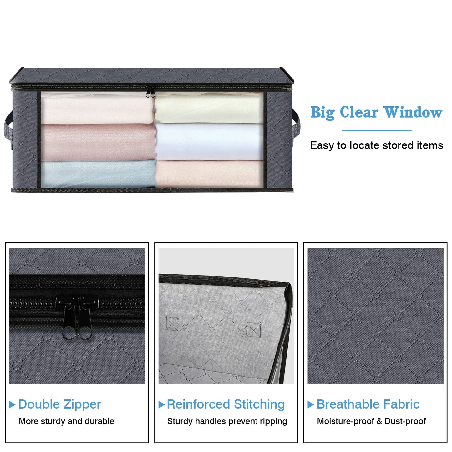 HomeHacks Storage 3-Pack Clothes Organizer Storage Bags Foldable Storage Box with Large Clear Window Sturdy Handles for Closet, Dorm, Pillows, Bedding, Clothes, Blankets, 35L, Gray