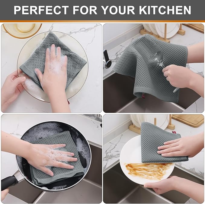 Kitinjoy 100% Cotton Kitchen Dish Cloths, 6 Pack Waffle Weave Ultra Soft