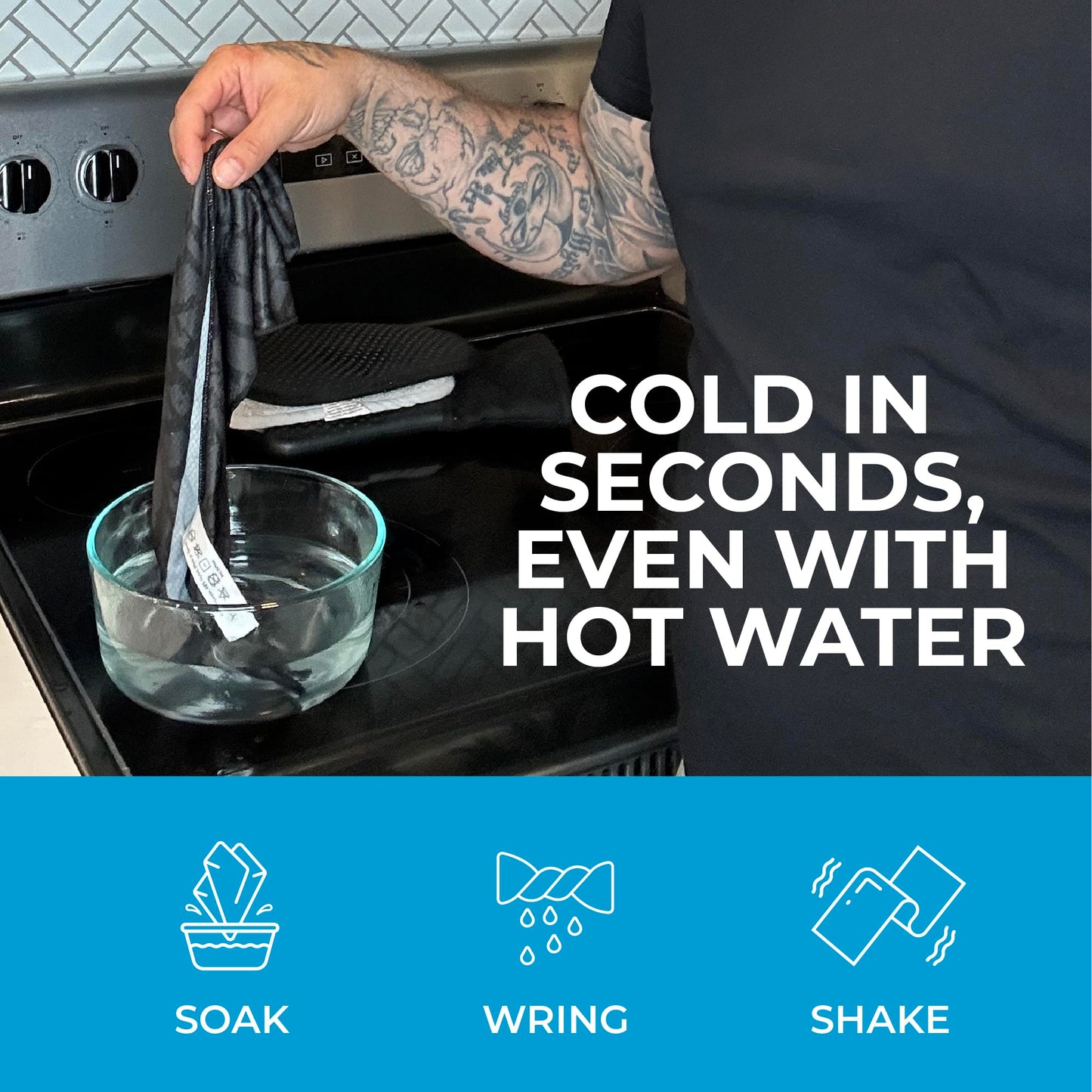SHAKEitCOOL Extended Size Cooling Towel – Be Cool in Style - Heat Relief, Soft, Lightweight, Sun Protection, Easy Clean - Perfect for Biking, Hiking, Running, Yoga, Golf, Gardening - Blue M