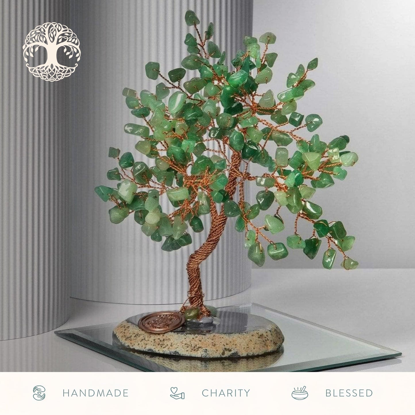 KARMA AND LUCK Jade Crystal Tree of Life, Feng Shui Money Tree Decor with Natural Jade Gemstones, Copper Wire Bonsai Tree on Agate Base, Spiritual Home, Office, Desk Decor Gift, 8" Medium