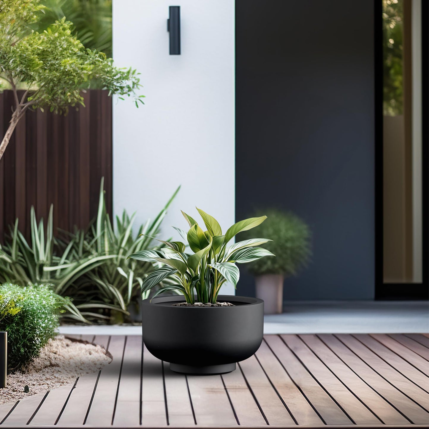 Kante 13.8 Inch Dia Concrete Bowl Planter, Large Tapered Bottom Plant Pot with Drainage, Smooth Black Finish with Painted Interior, Ideal for Porch, Home, Garden, Patio
