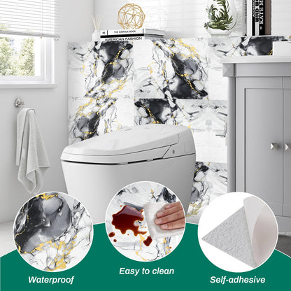 12pcs White and Black Marble Peel and Stick Tiles 23.6"x11.8" Waterproof Heat Resistant Self Adhesive Removable PVC Wall Panels for Kitchen Backsplash, Bathroom, Laundry (Not Real Tile, Not for Floor)