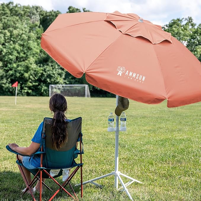 AMMSUN Shade Umbrella, Premium Portable Umbrella with Stand, 6.5ft Lightweight Free Standing Canopy for Sporting Games, Adjustable Instant Sun Protection and Easy to Carry, Peach Pink