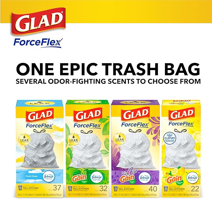 Glad ForceFlex Tall Kitchen Drawstring Trash Bags, 13 Gal, Pine-Sol Original