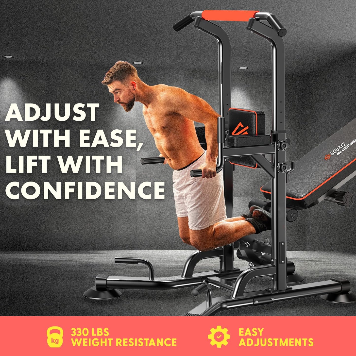 SQUATZ Pull-Up Dip Station - Your All-in-One Power Tower Gym and Chin-Up Bar Stand with Collapsible Bench for Home Exercise and Bench Press