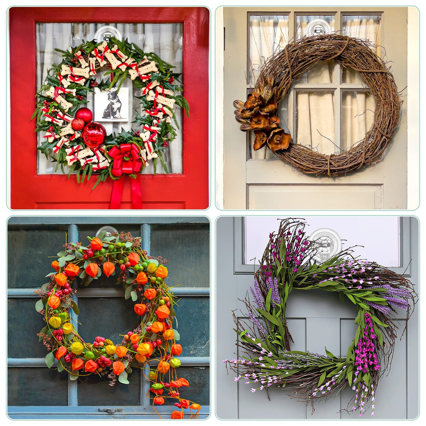 VIS'V Wreath Hanger, Large Suction Cup Wreath Hooks, Heavy Duty, 22 LB Capacity, Removable and Reusable, Clear, 4 Pcs