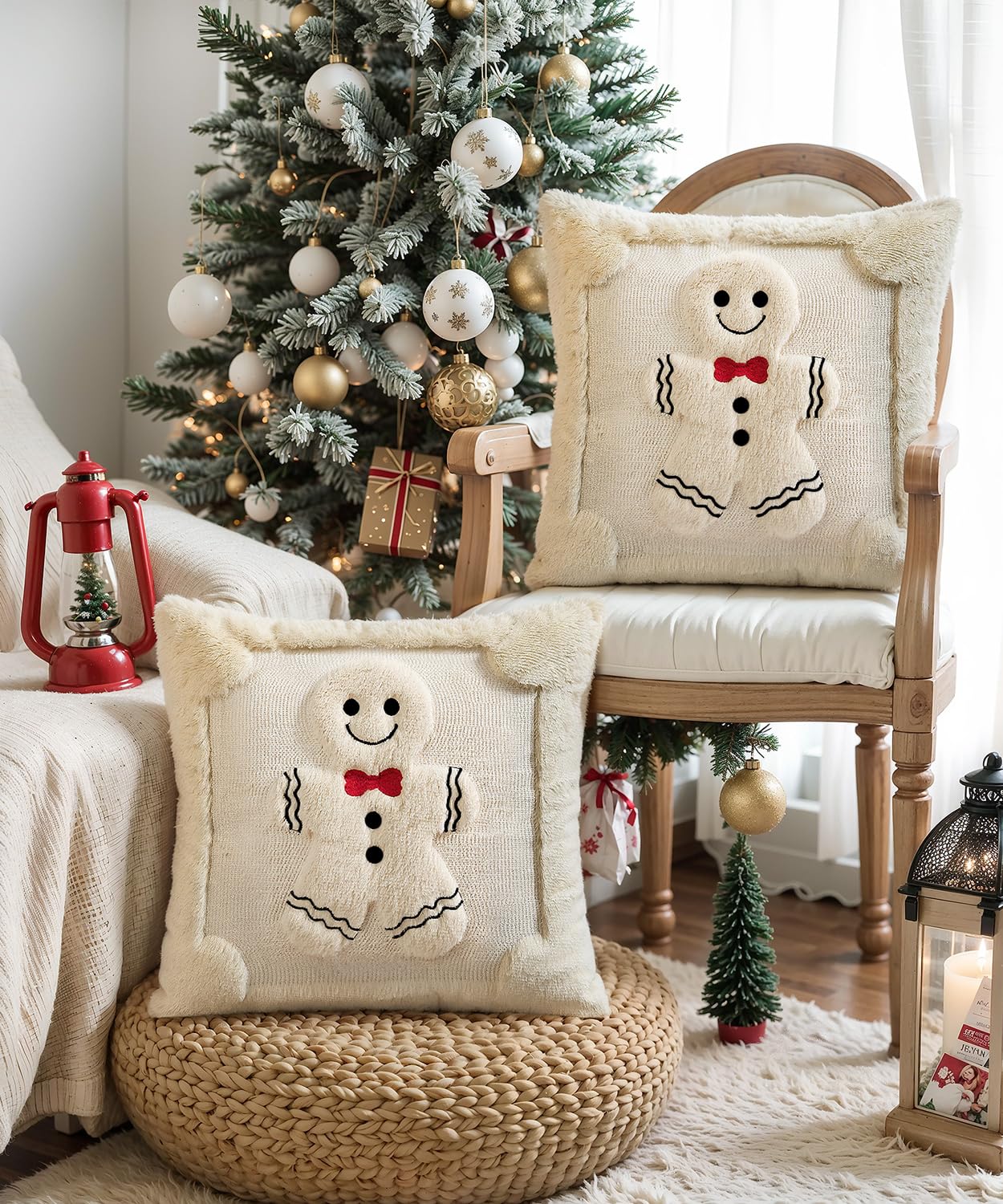 SEGXCFL Christmas Pillow Covers Set of 2 Soft Plush Faux Fur Pillow Cases 3D Embroidered Decorative Couch Cover Home Decor Christmas Throw Pillow Covers 18x18,Beige Gingerbread Man