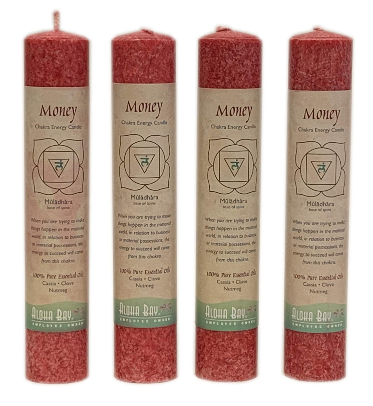 Premium Scented Candle Hand Made Chakra Energy Pillar | 4-Pack | Money, Muladhara | Yoga, Prayer & Meditation Candle | Long Burn 15 Hours | Essential Oils of Cassia, Clove & Nutmeg | Aloha Bay