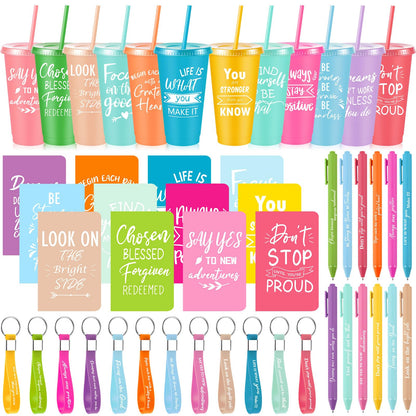 Hollowfly 12 Sets / 48 Pcs Inspirational Gifts Bulk for Employee Appreciation, 24 oz Plastic Cups and Pens Notebooks Keychains Set, Group Gifts for Office Staff Coworkers (Pastel)