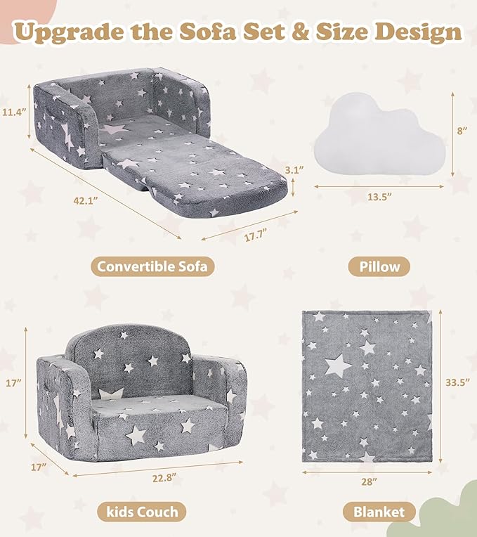 Kids Couch, 2-in-1 Soft Toddler Couch Fold Out