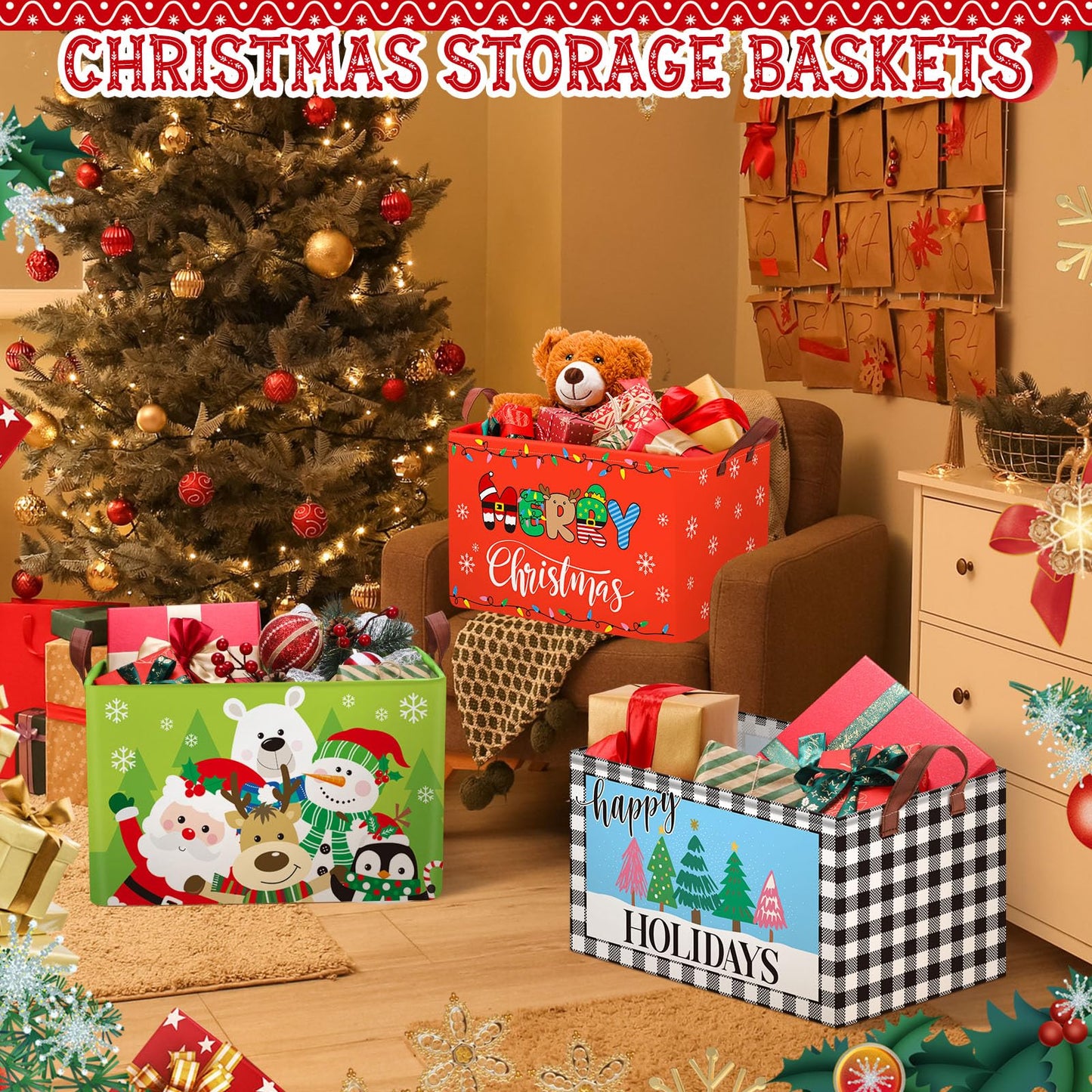 Boao 3 Pack Large Christmas Storage Baskets for Gifts Empty Collapsible Christmas Storage Bin with Handle, Xmas Canvas Laundry Basket for Home Bedroom Clothes Toys Closet Shelf Office Holiday Decor
