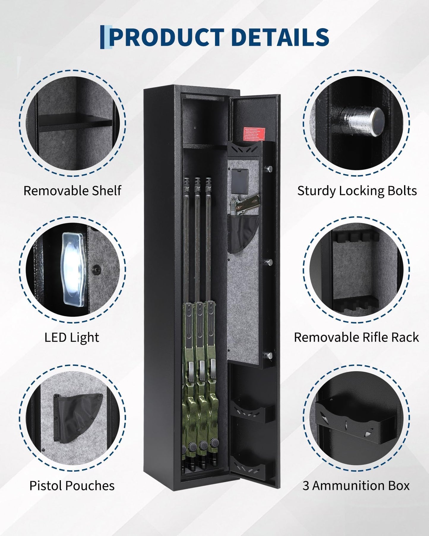 3-4 Gun Safes, Gun Cabinet for Rifles and Pistols, Quick Access Rifle Safe with Removable Shelf, Multifunction Lock, Pistol Pockets for Home Office