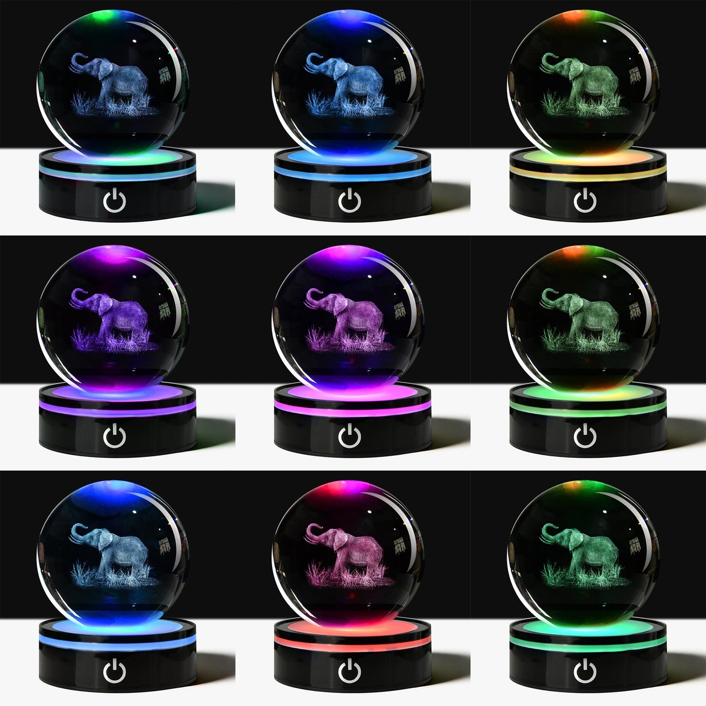 QIANCHANG 3D Elephant Crystal Ball with LED Stand, 80mm Glass Sphere Night Light Lamp, Crystal Animal Figurines Collectibles, Elephant Lover Gifts for Men & Women