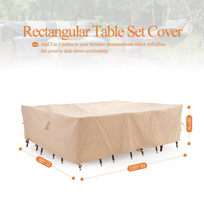 WJ-X3 Large Rectangular Beige Heavy-Duty Patio Table Cover, 136x88x36in - Wind-Resistant, Waterproof, Anti-Fade - Perfect for Outdoor Sectional Furniture Sets