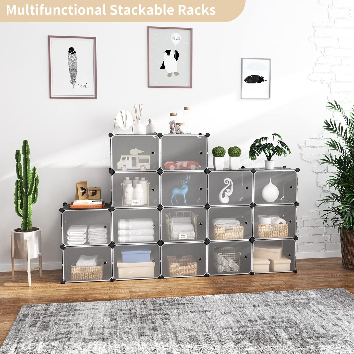 WEXCISE Portable Shoe Rack with Door, 64 Pairs Cabinet Easy Assembly, Plastic Adjustable Shoe Storage Organizer Stackable Detachable Free Standing DIY Expandable 8 Tier Black