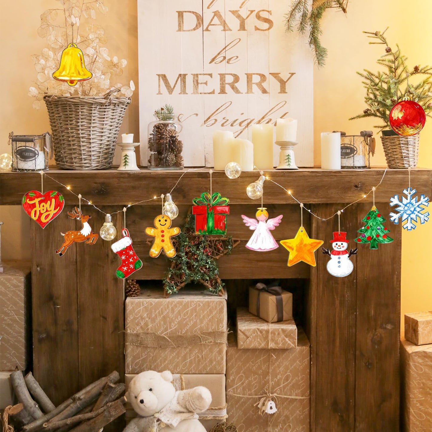 80PCS Wooden Christmas Ornaments to Paint, 8 Styles DIY Blank Unfinished Wood Reindeer Santa Claus Christmas Tree Ball Snowman Snowflake Angel Cutouts Ornament for Crafts Winter Hanging Decorations