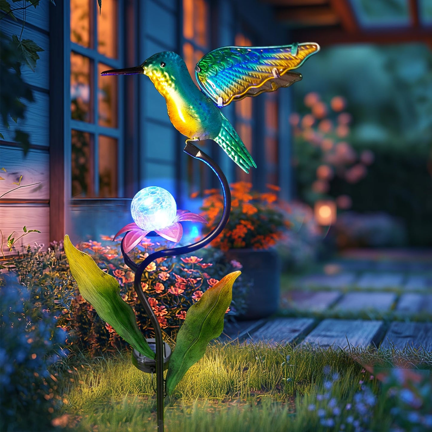 HONGLAND 46 Inch Solar Hummingbird Lights, Solar Garden Decor with Cracked Glass Ball, Hummingbird Decorative Garden Stakes Outdoor Waterproof for Lawn Patio Yard Porch, Gifts for Mom
