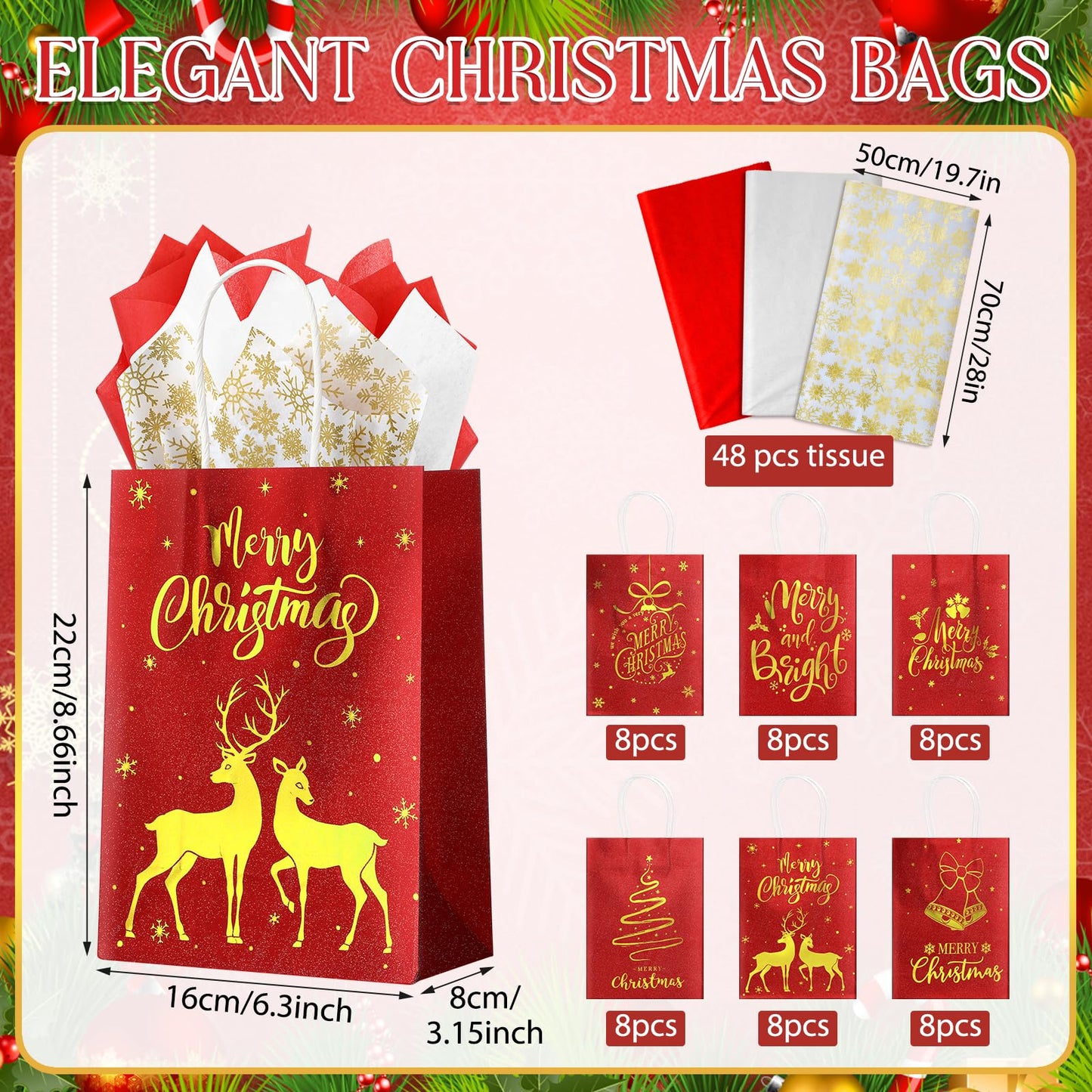 Ragnhild 48 Pcs Christmas Gift Bags, Red Glitter Christmas Bags for Gifts with Tissue Paper, 6 Styles Red and Gold Foil Paper Goodie Bag with Handles, Bulk Xmas Holiday Reusable Party Favor Treat Bag