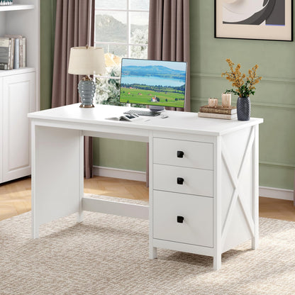JSB 47.2'' White Computer Desk for Home Office,Farmhouse Executive Desk with 3 File Drawers,Study Writing Table Storage Cabinet,Makeup Vanity Desk for Bedroom (White, 47.2in)