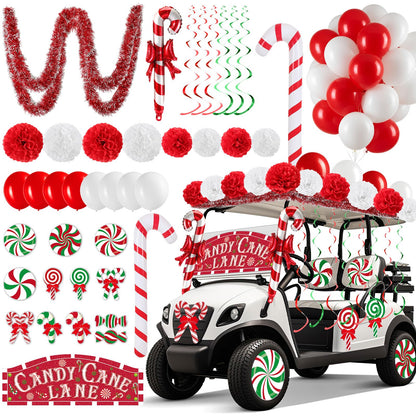 Soulchen 100 Pcs Christmas Golf Cart Decorations Xmas Candy Canes Lollipop PVC Decor Inflatable Red Tinsel Garlands Banner Red Hanging Swirls Tissue Paper Pompoms for Golf Cart Party Supplies Decor