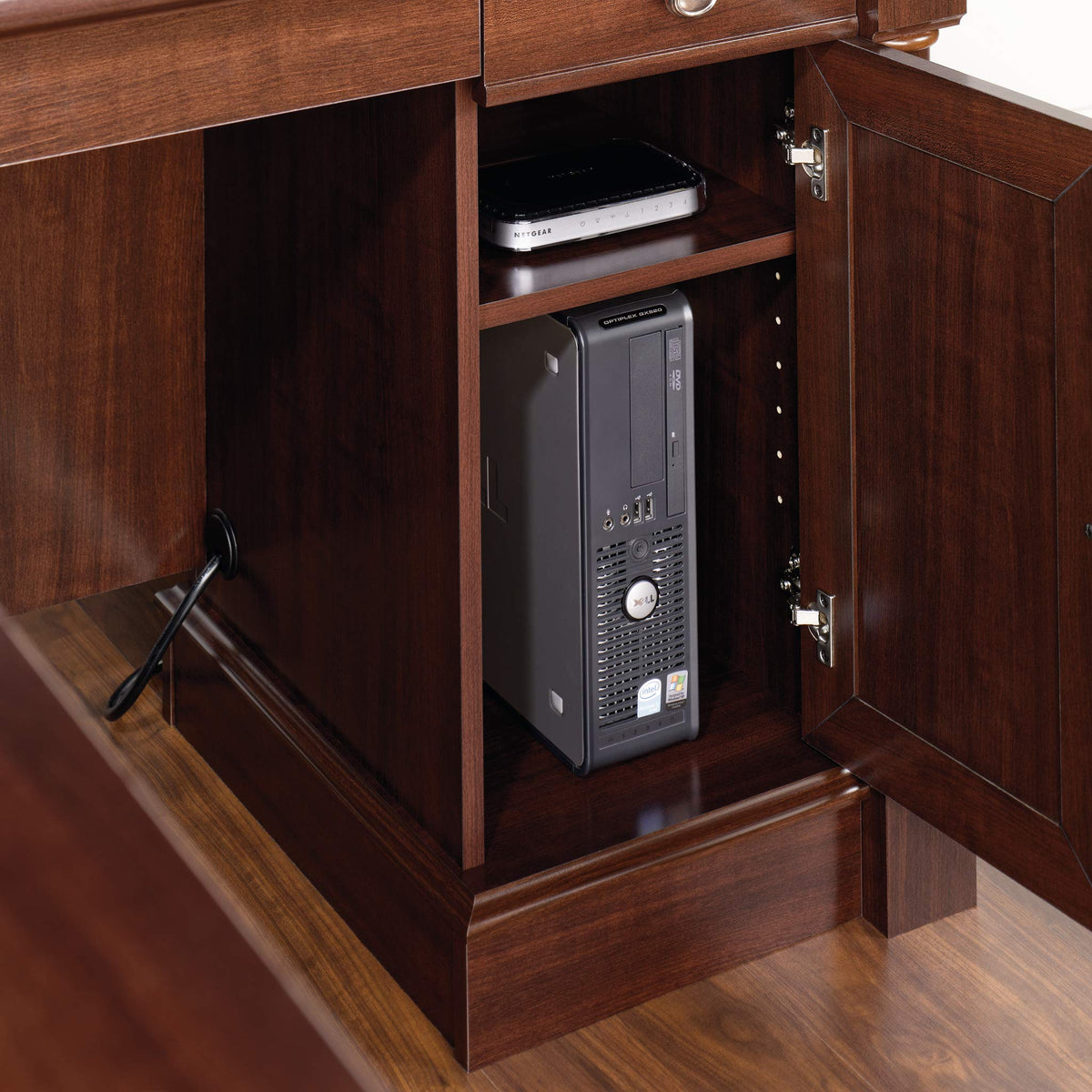Sauder Palladia L Shaped Desk with Drawers, Office Desk with File Cabinet Storage, Cable Management, Keyboard Tray, in Select Cherry finish