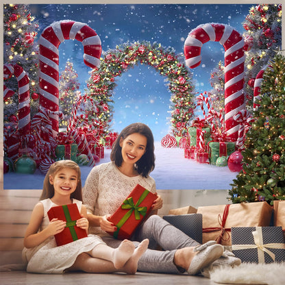 Mocsicka Christmas Candy Cane Photography Backdrop Winter Candyland Christmas Eve Party Decorations Background Christmas Tree Garland Photo Prop Supplies (10x8ft)