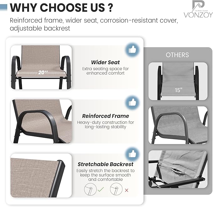 Patio Dining Chairs Set of 8, Outdoor High Stacking Chairs，Breathable Seat Fabric and Alloy Steel Frame for Backyard, Porch, Garden, Sunroom (Light Brown)
