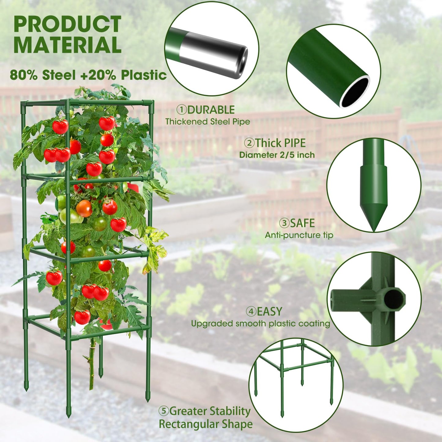 MQHUAYU 3 Pack Tomato Cages,Square Tomato Plant Stakes Support Cages Trellis for Garden Climbing Vegetables Flowers Fruits,Extra Bold