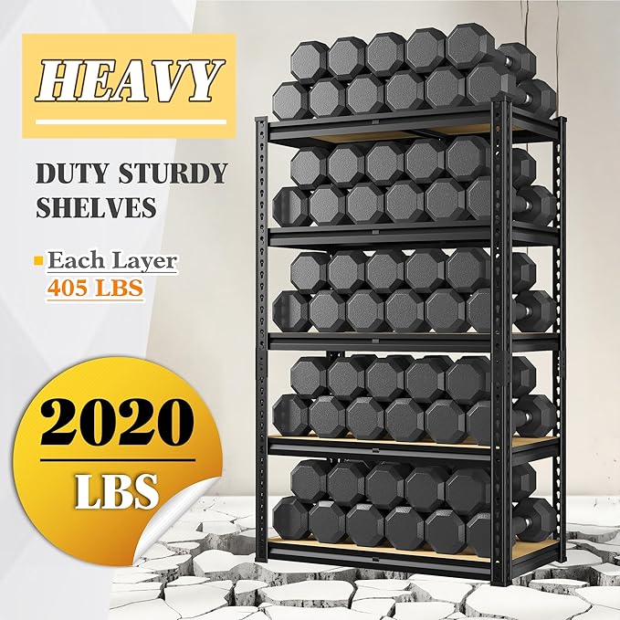 Set of 2 Storage Shelves 5 Tier Garage Shelving Heavy Duty Metal Shelving 2020LBS Adjustable Metal Shelf 59.8" H Pantry Shelf for Garage Pantry Closet Kitchen Basement 28"W x 12"D x 59.8"H,2 Pack