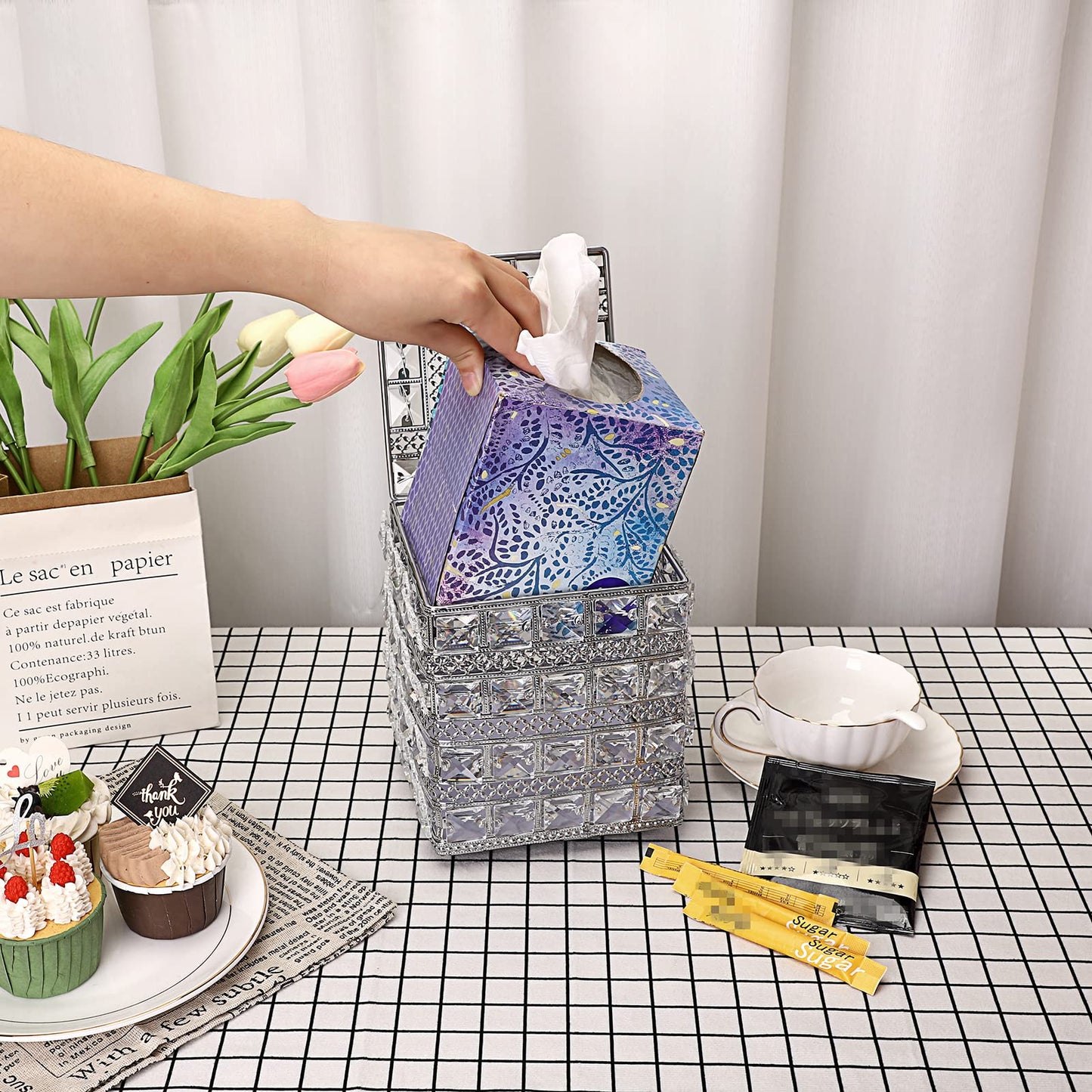 Sumnacon Crystal Square Tissue Box Cover - Sparkling Cube Glass Tissue Box Holder, Decorative Facial Tissue Holder for Bedroom Bathroom Dresser Night Stand Table Countertop Home Decor, Silver