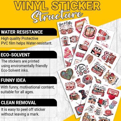 60Pcs Valentine's Day Sticker Pack – Cute Love-Themed Stickers with Hearts, Roses, Bears, Candy, Music, and Sweet Quotes – Perfect for Scrapbooking, Journaling, Gifts, and Valentine's Decorations