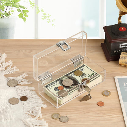 GUSHBIN Lockable Money Storage Box Clear Acrylic Cash Holder with Key Lock Cash Organizer Small Currency Tray for Personal Items, 7 x 3.1 x 2.3 Inch