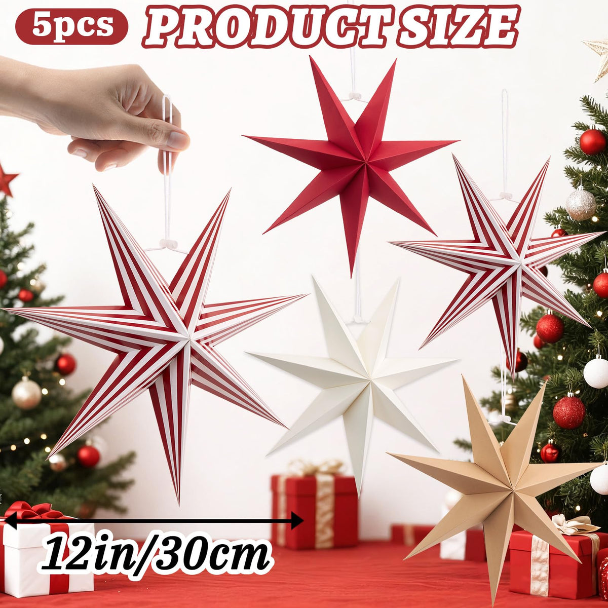5 Pcs 7-Pointed Paper Star Lanterns 12 Inch Red and White Christmas Hanging Stars 3D Paper Star Ornaments Foldable for Wedding Birthday Xmas Home Party Decor