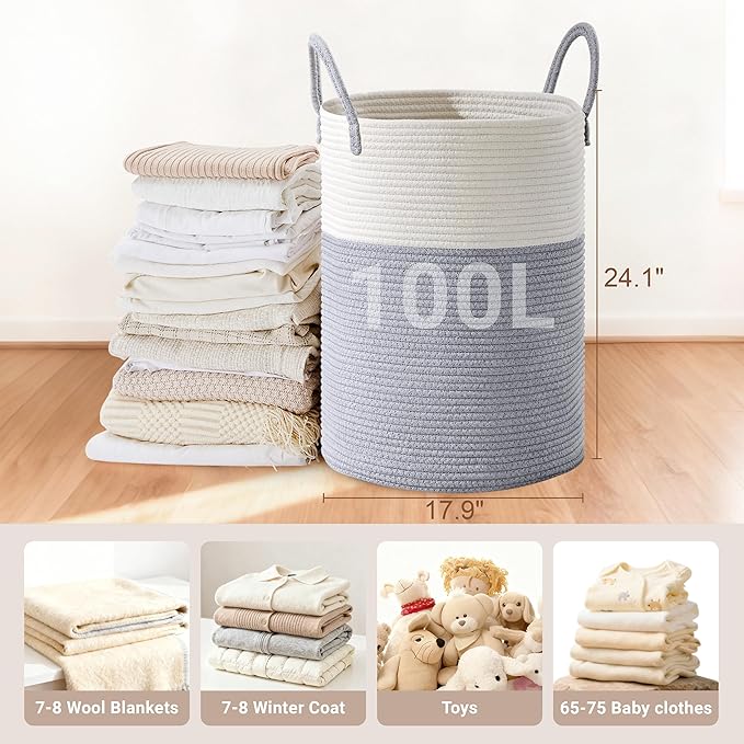 Tall Laundry Basket with Handles, 100L Portable Dirty Clothes Hamper, Boho
