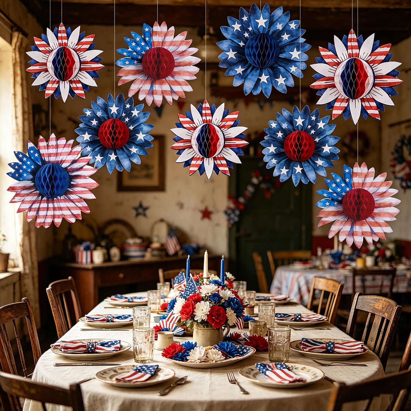 Paper Jazz 4th of July Decorations Paper Flower American Flag Red White and Blue Decor for Presidents Day,Patriotic Decoration Haning Paper Honeycomb for Veterans Day, Independence Day Birthday Party