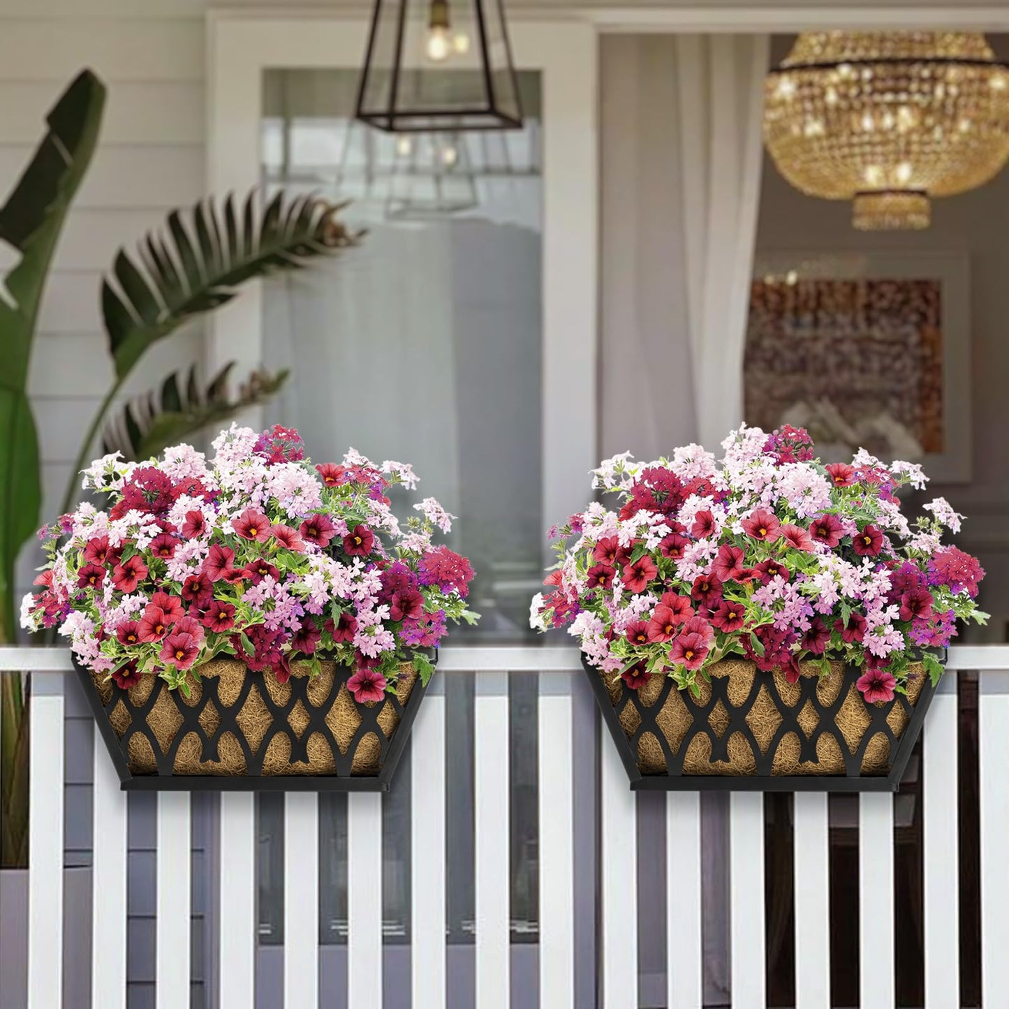 Karlliu 4 Pack 14 Inch Window Boxes Planters Railing Planter Box with Coco Liners Deck Railing Planter Boxes Balcony Hanging Flower Box for Outdoor Plants Garden Decor