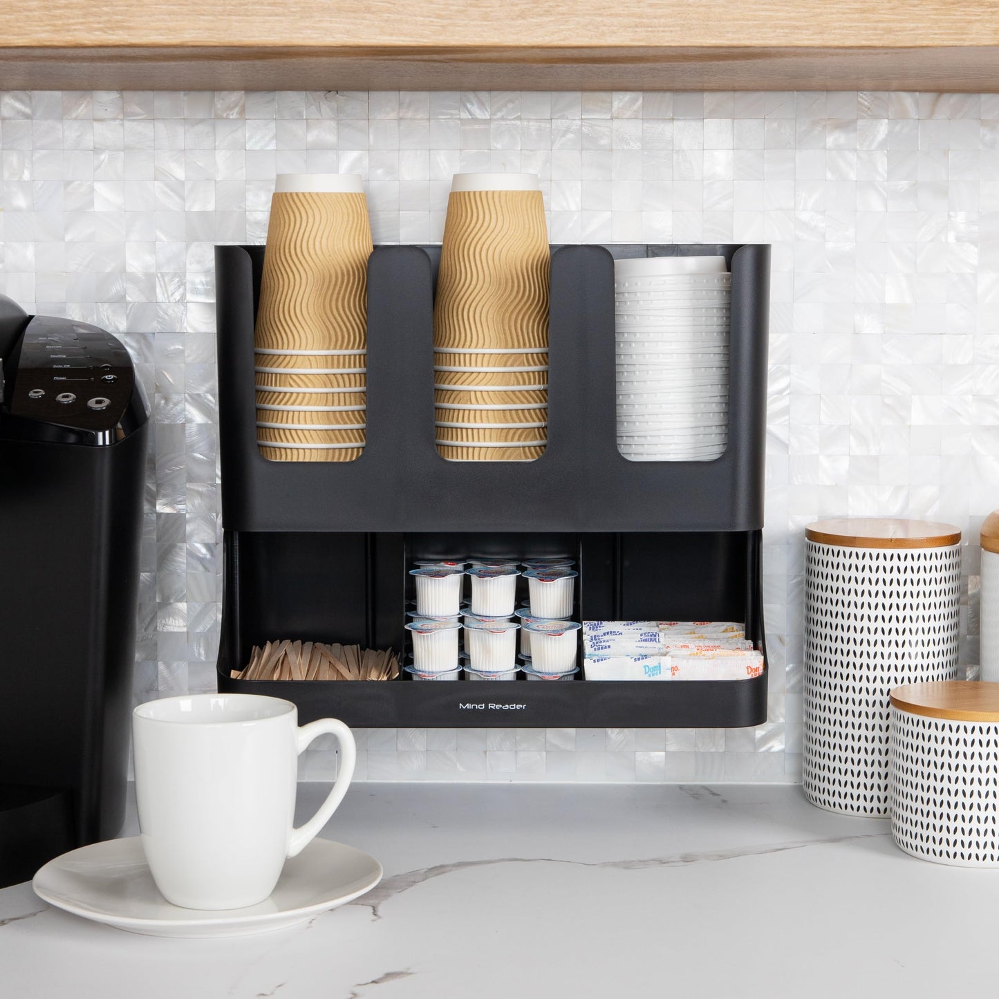 Mind Reader Condiment Station, 13 Inch Countertop Coffee Bar Organizer with 6 Compartments, Storage Caddy for Cups, Lids and Packets, Plastic, Black