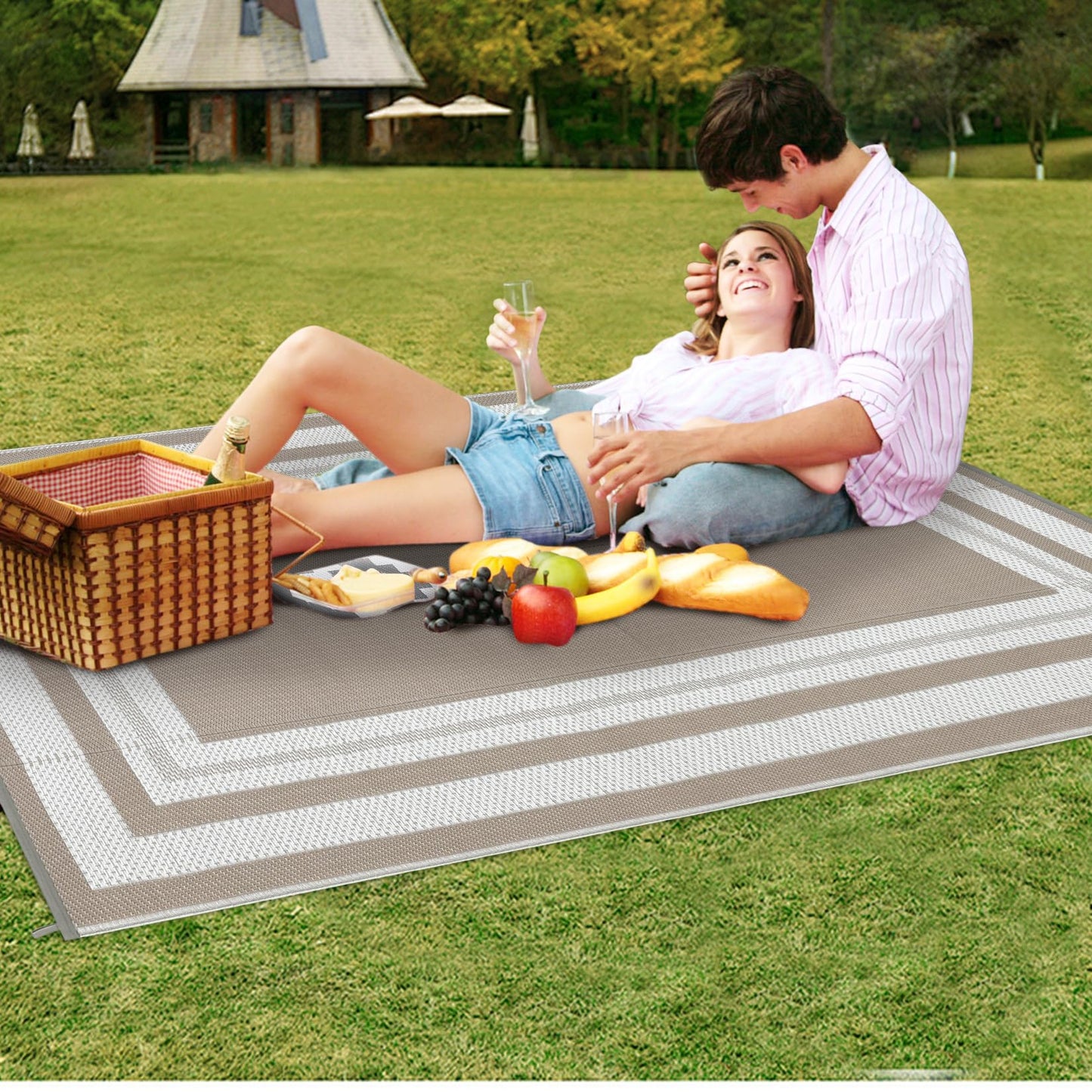 GarveeHome Outdoor Patio Rug 10x20 Plastic Straw Rug Waterproof Large Outdoor Rugs Reversible Portable Camping Rugs Lightweight Floor Mat for RV Porch Balcony Patios Picnic Outside Grey Beige Panel