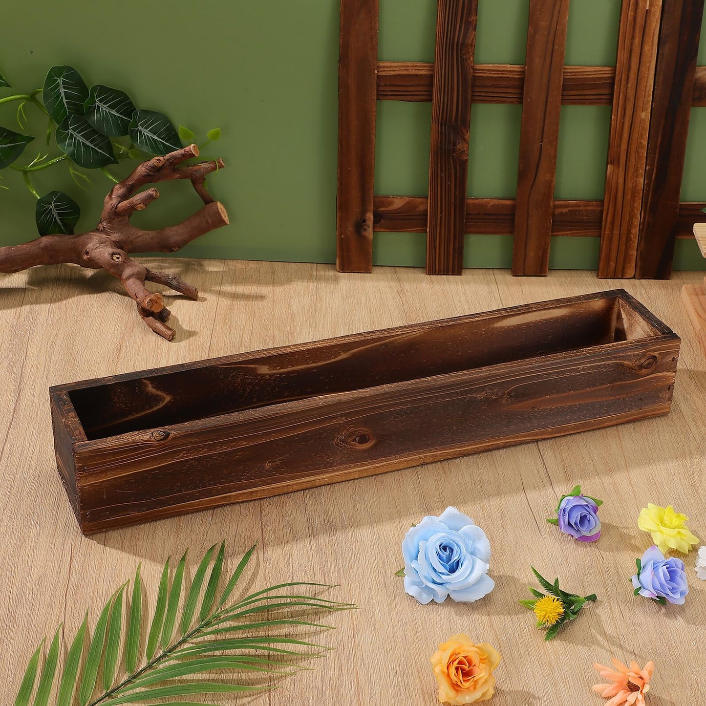 Sewroro Wooden Succulent Flower Box Planter for Indoor and Outdoor Use, Carbonized Wood Window Planter with Drainage Hole, Rectangular Rustic Flower Pot for Balcony Garden