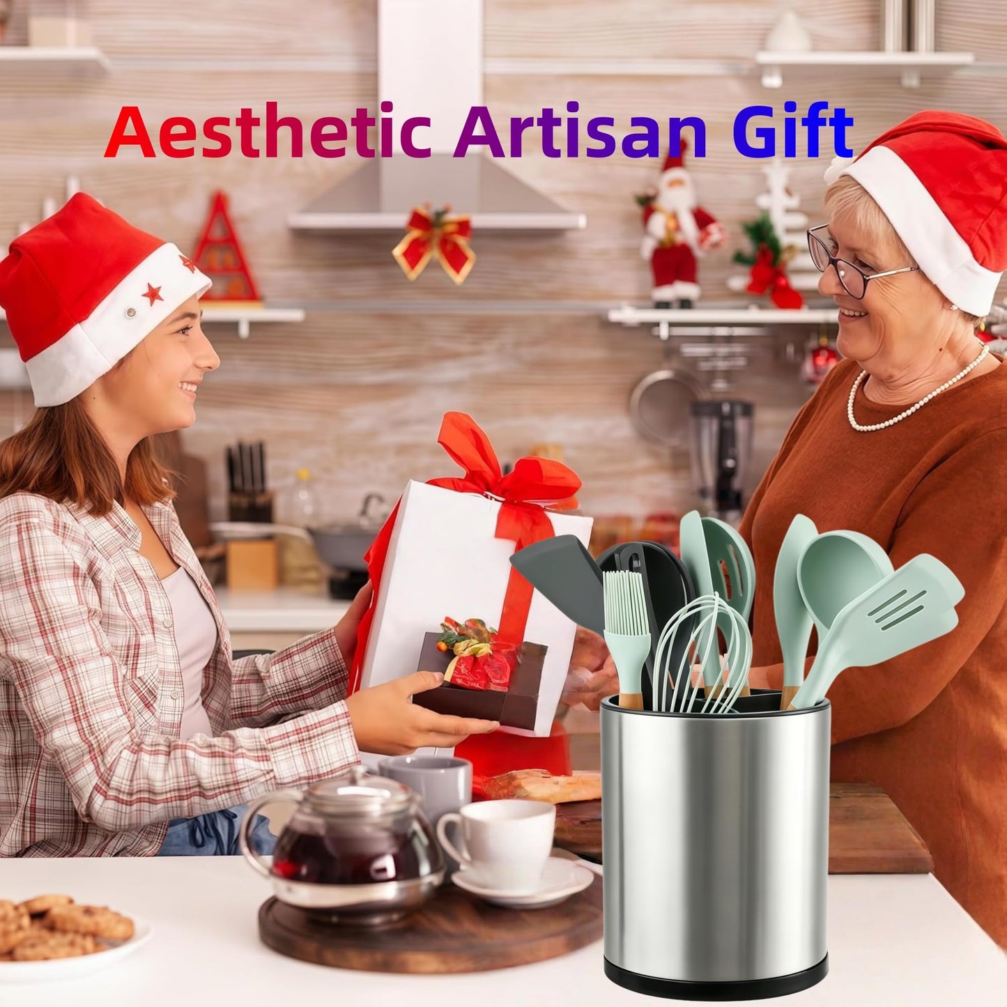 LIBODOUR Kitchen Utensil Holder Extra Large 360°Rotating For Counter Organizer Stainless Steel Storage Cooking Silverware Caddy 3 Compartment Flatware Spoon Spatula Tool Cutlery Container（Silvery）