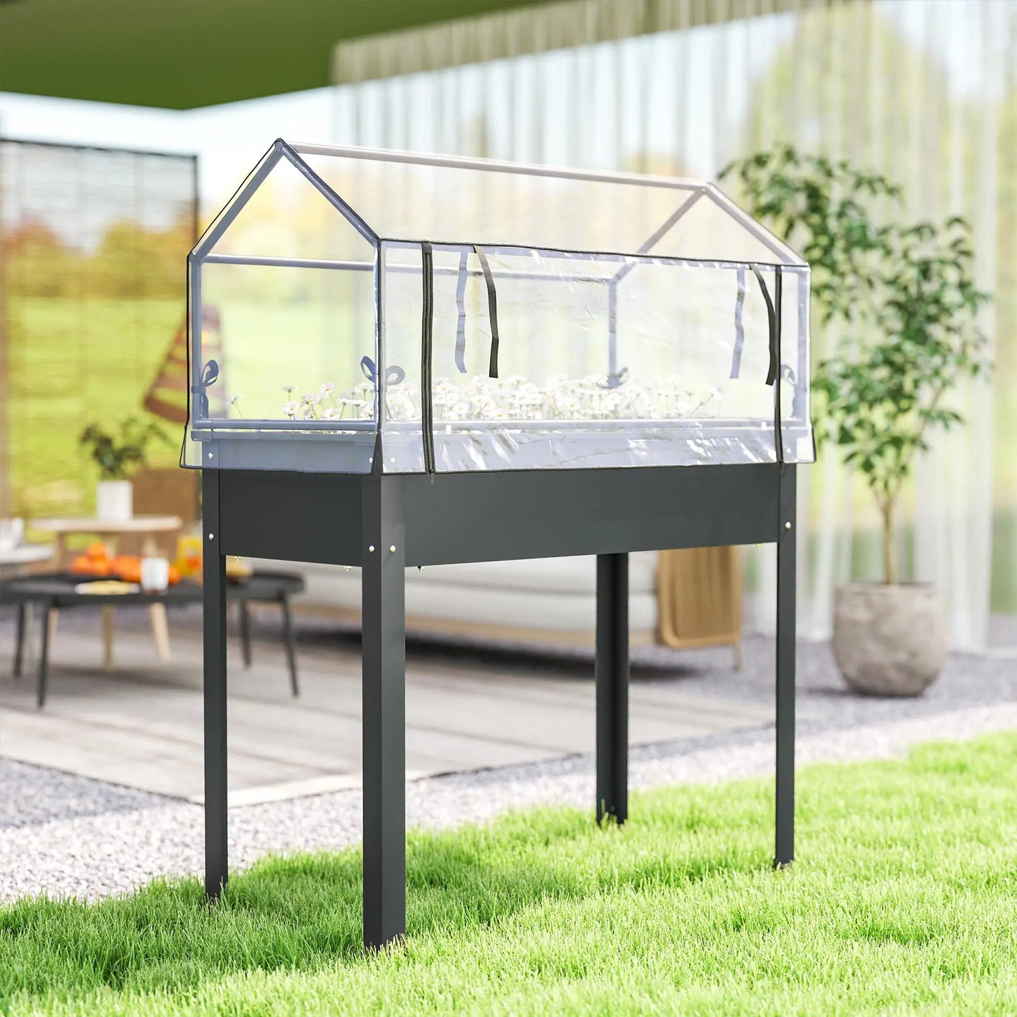 Elevated Raised Garden Bed with Mini Greenhouse, Dark Gray Metal Planter Box with Flip-Up Protective Cover, 39.4" x 18.9" x 48.8", 110 lbs Capacity