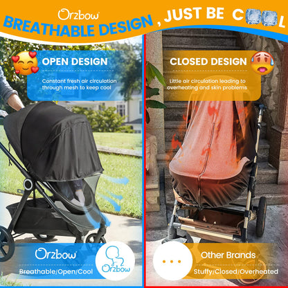 Orzbow Universal Mosquito Net for Pram, Breathable Pram Sun Shade w/UPF 50+, Pram Mosquito Net w/Blackout Cover, Two Way Zipper for Easy Access (Black)