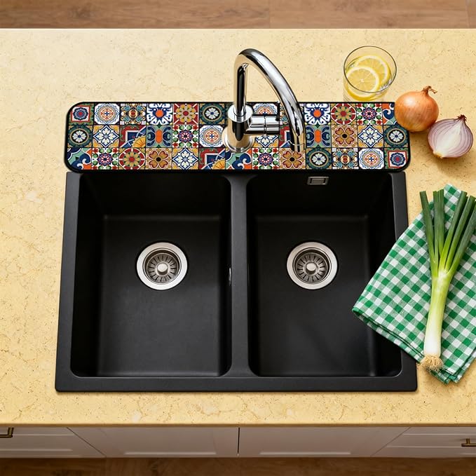 2 Pcs Kitchen Sink Splash Guard Faucet Mats Colored Bohemian Tiles Pattern